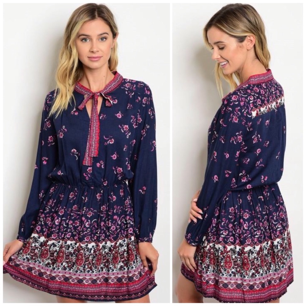 Tie Up Navy Pink Printed Dress